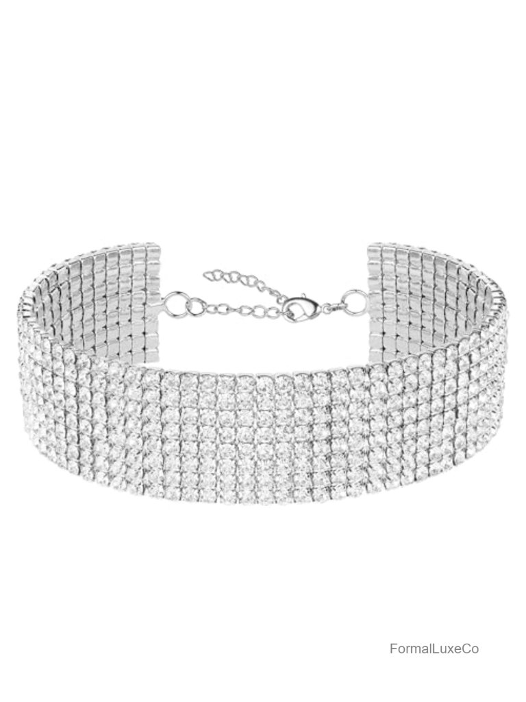 Silver Plated Rhinestone Heart Tennis Choker Necklace For Women, 18.5''